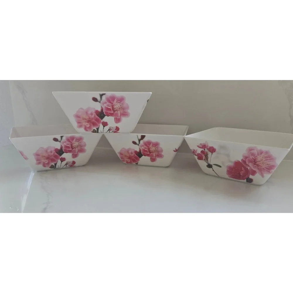 13pc Melamine Dinnerware Set Pink Cherry Blossom Square Plates Serving Bowls